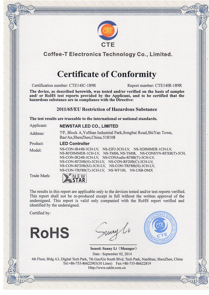 Addressable LED Controller RoHs Certificate